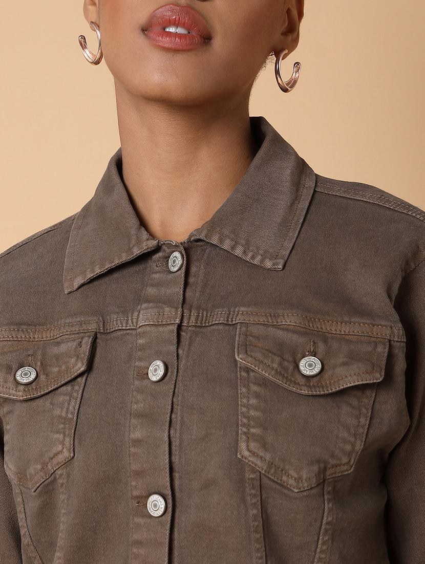 women brown long sleeves denim jacket - 21463470 - Standard Image - 6