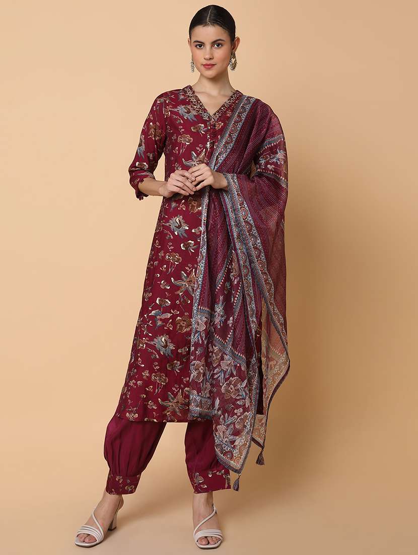 women burgundy floral kurta salwar set with dupatta