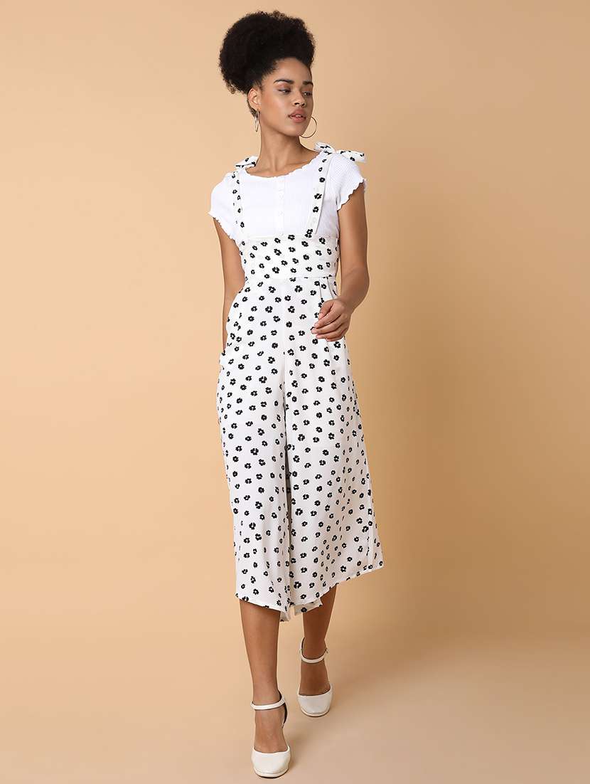 white floral print calf length jumpsuit