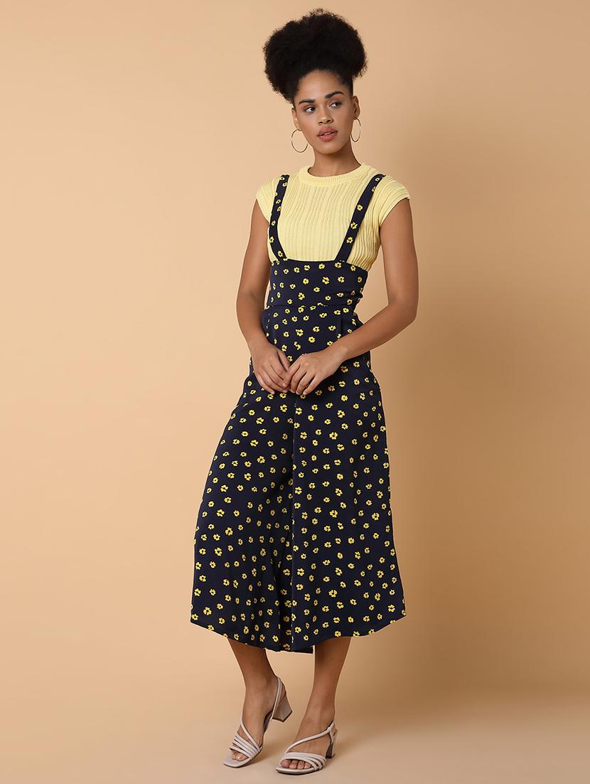 navy blue floral print calf length jumpsuit - 21463479 - Standard Image - 1