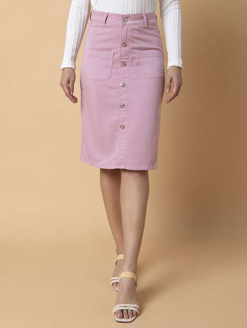 Women Solid Cotton Blend Denim Skirt