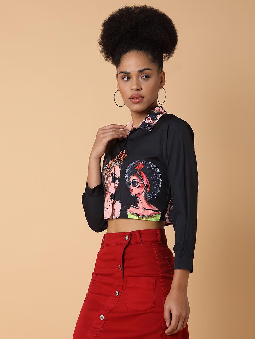 women printed long sleeves crop shirt - 21463502 - Standard Image - 1