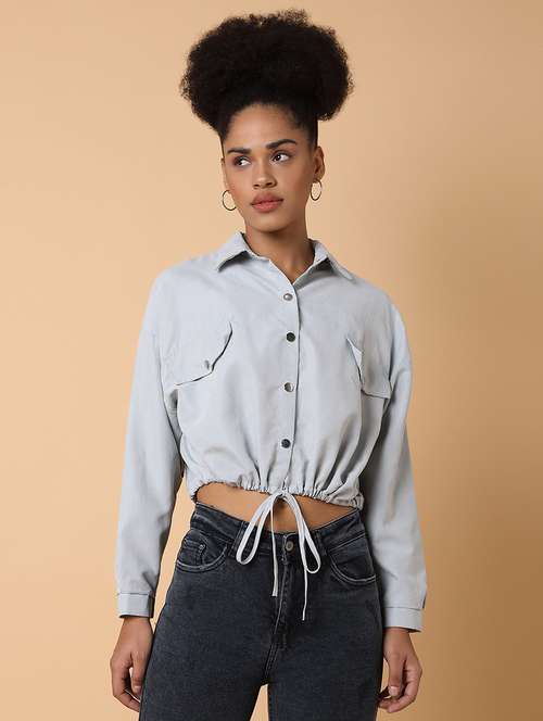 women solid long sleeves crop shirt - 21463513 -  Standard Image - 0