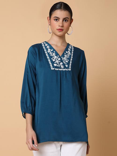 women teal embroidered a-line kurti - 21463526 - Standard Image - 0
