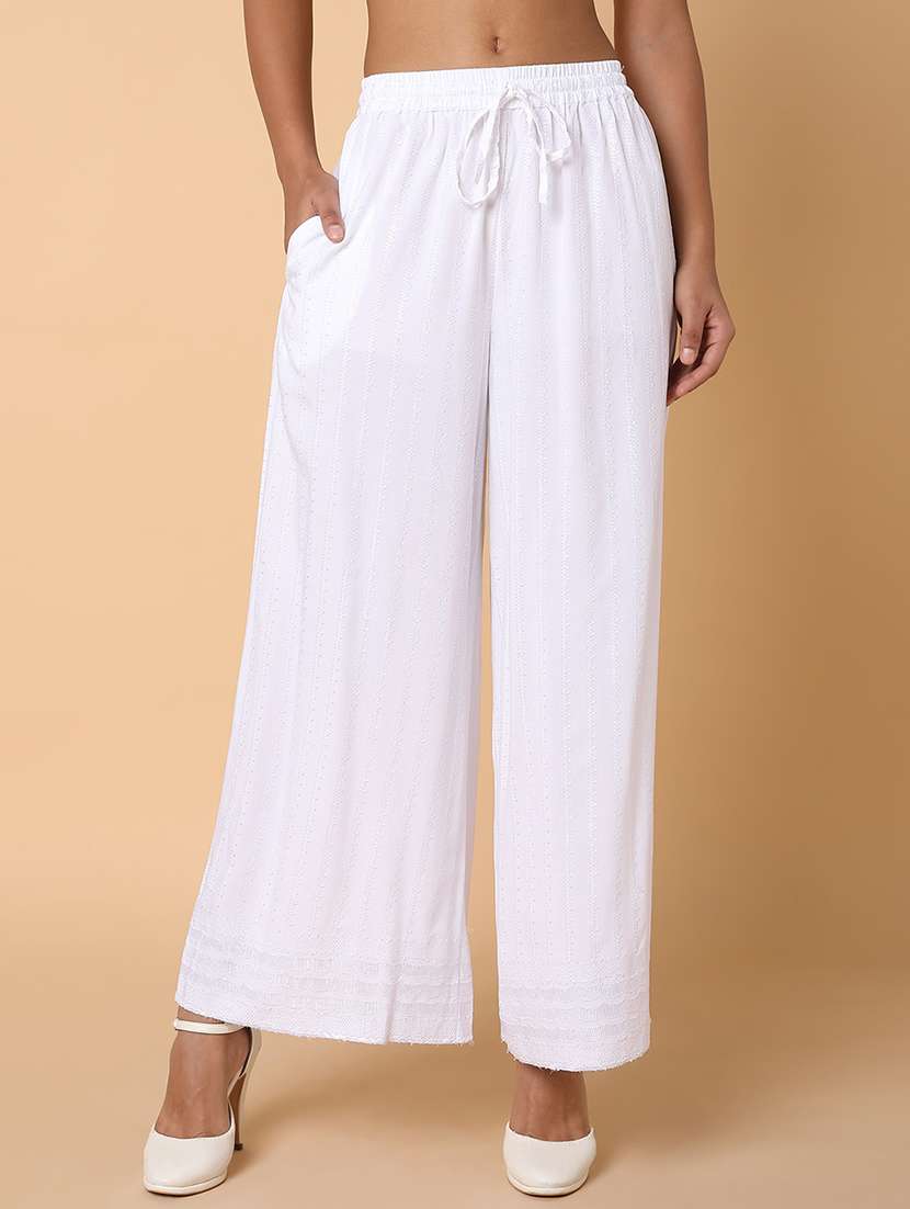 women embroidered mid rise wide leg trouser