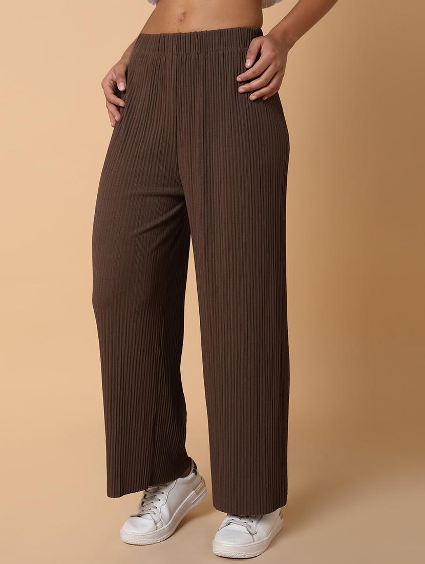 brown solid lycra wide leg trouser - 21463598 -  Standard Image - 1