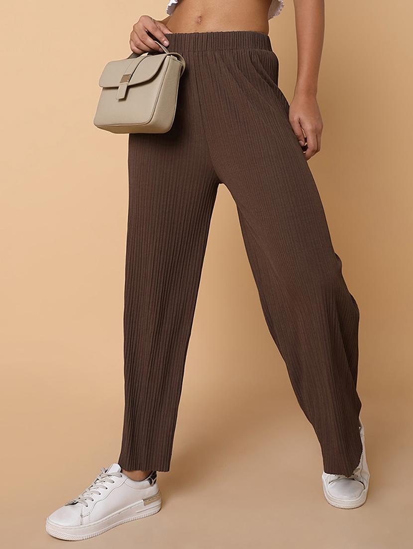 brown solid lycra wide leg trouser - 21463598 - Standard Image - 4