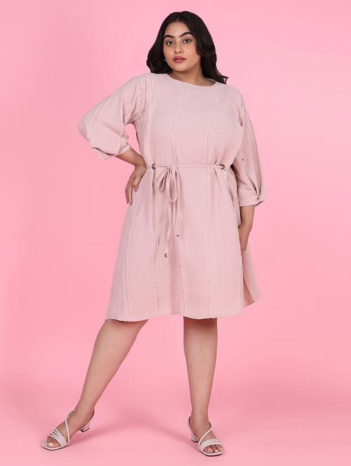 women pink cotton fit & flare plus size dress - 21463615 - Standard Image - 0