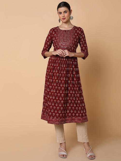 women three quarter sleeve flared kurta - 21463640 -  Standard Image - 0