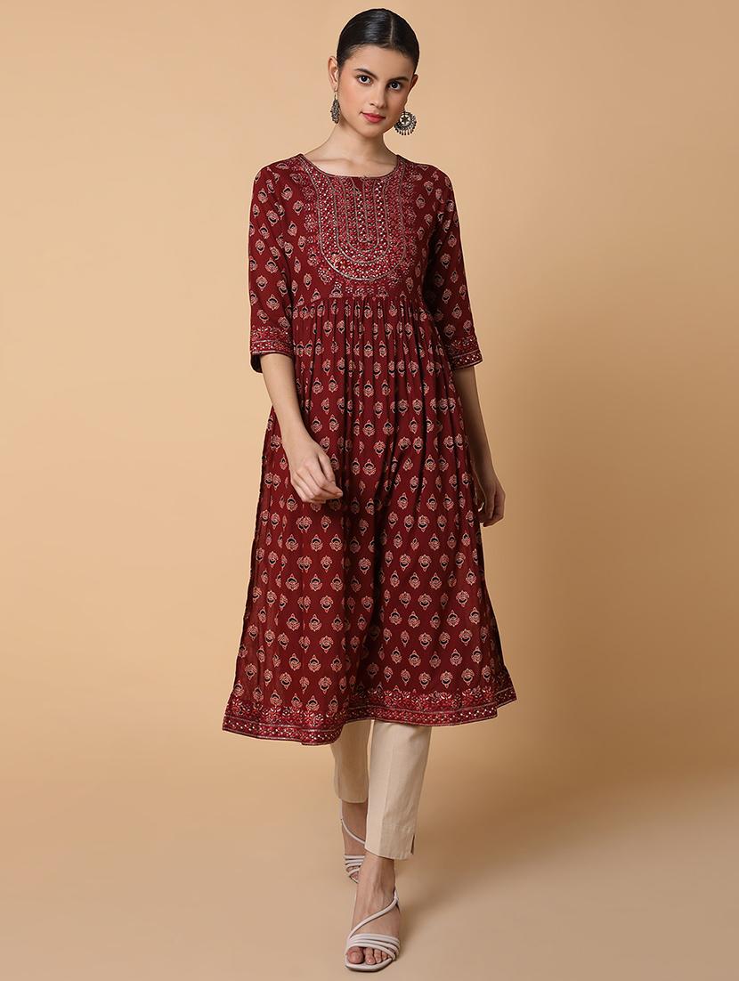 women three quarter sleeve flared kurta - 21463640 -  Standard Image - 1