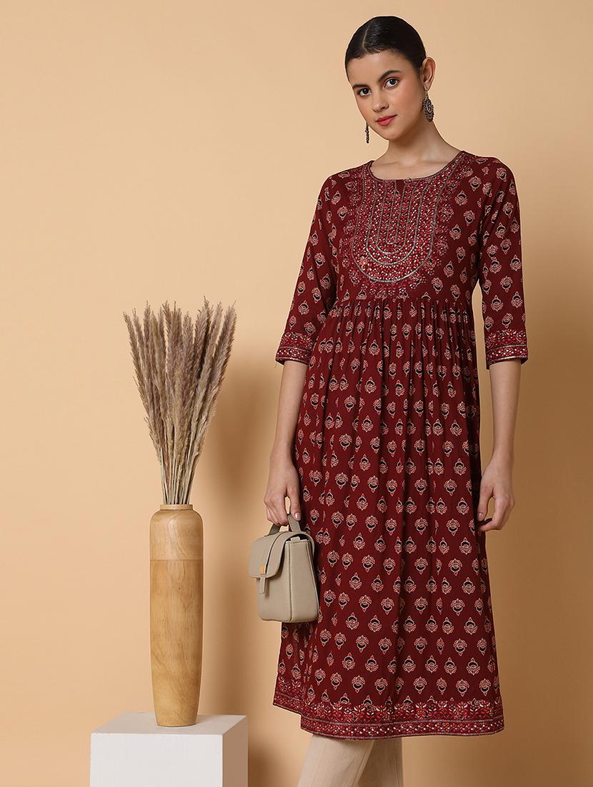women three quarter sleeve flared kurta - 21463640 - Standard Image - 4
