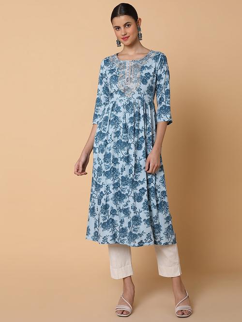 women three quarter sleeve flared kurta - 21463643 - Standard Image - 0