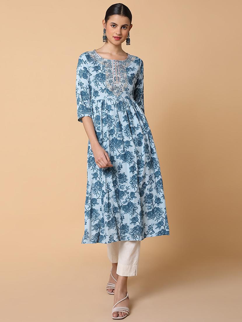 women three quarter sleeve flared kurta - 21463643 - Standard Image - 1