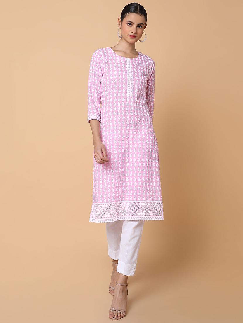 women three quarter sleeve straight kurta - 21463646 - Standard Image - 1
