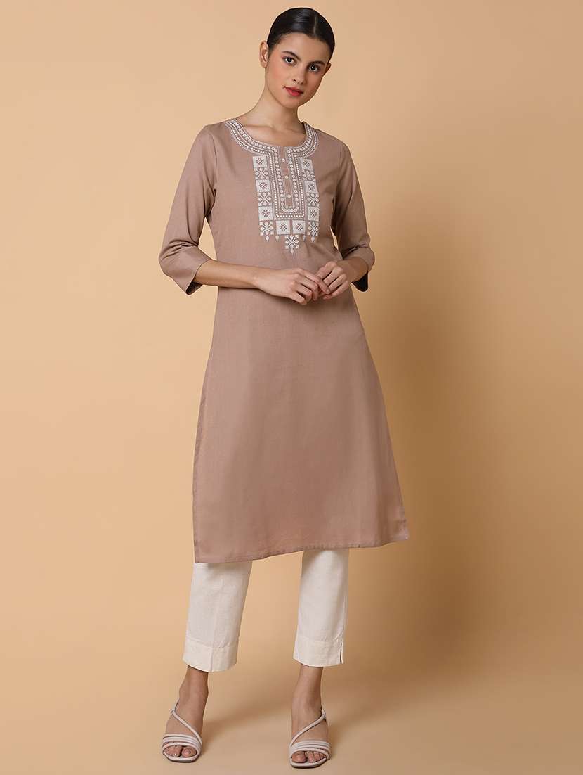 women three quarter sleeve straight kurta - 21463650 - Standard Image - 1