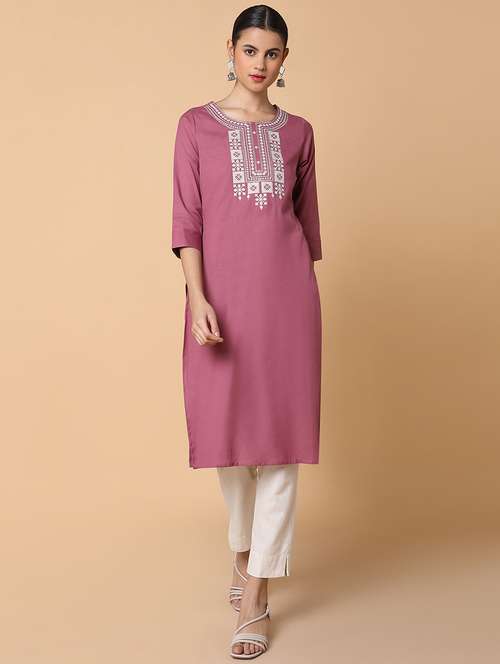 women three quarter sleeve straight kurta - 21463651 - Standard Image - 0