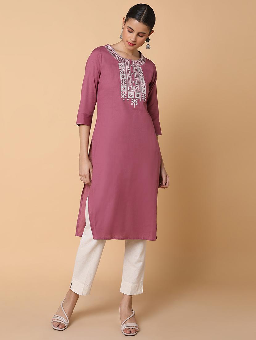 women three quarter sleeve straight kurta - 21463651 - Standard Image - 1