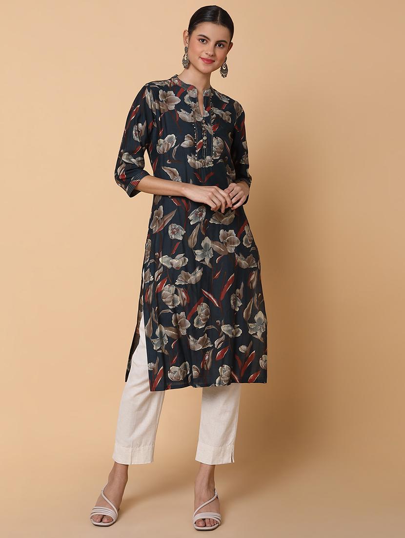 women three quarter sleeve straight kurta - 21463665 - Standard Image - 1