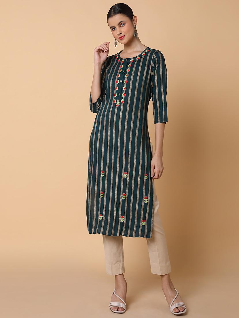 women three quarter sleeve straight kurta - 21463672 -  Standard Image - 1