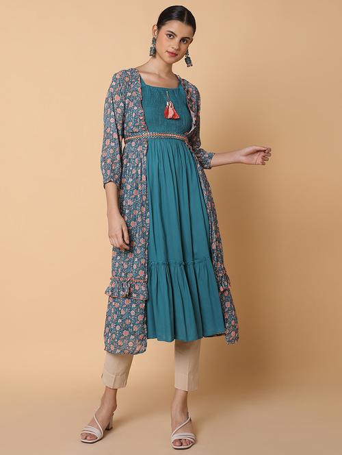 women solid shoulder strap kurta with jacket - 21463688 - Standard Image - 0