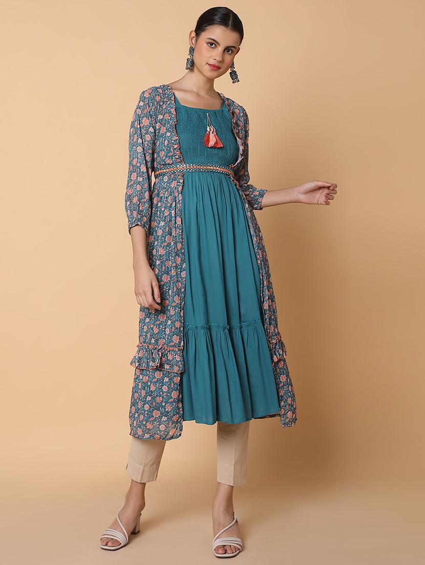 women solid shoulder strap kurta with jacket - 21463688 - Zoom Image - 0