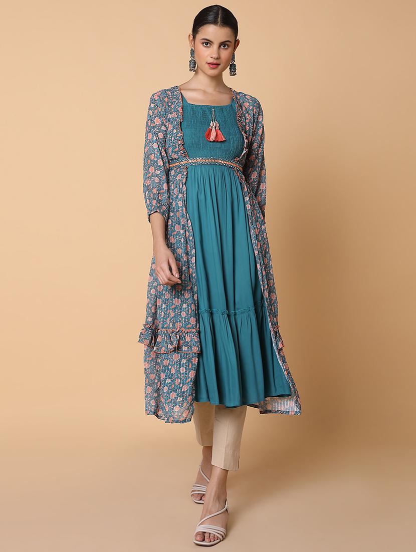 women solid shoulder strap kurta with jacket - 21463688 - Standard Image - 1
