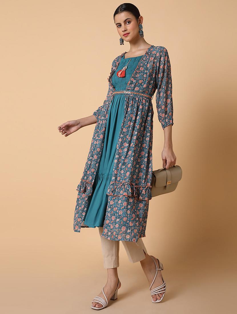 women solid shoulder strap kurta with jacket - 21463688 - Standard Image - 6