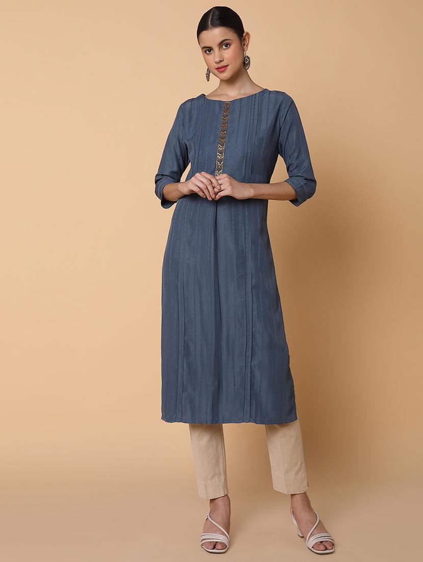 women three quarter sleeve straight kurta - 21463690 -  Standard Image - 1