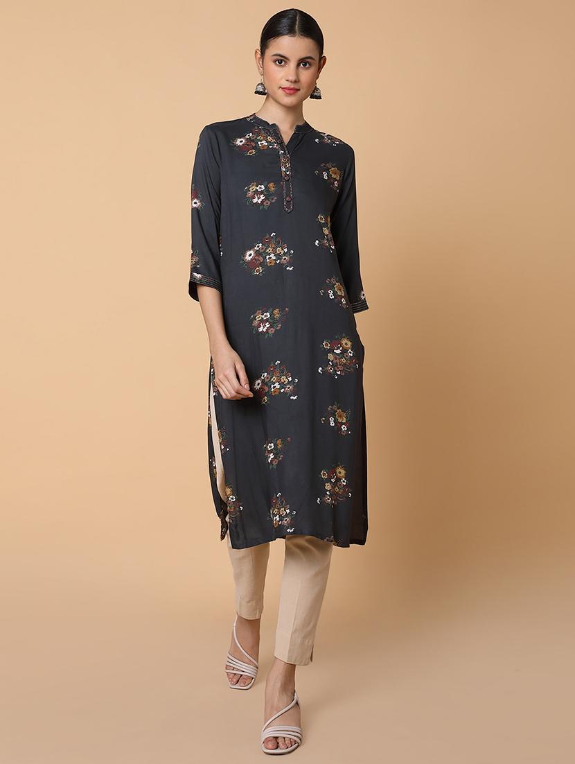 women three quarter sleeve straight kurta - 21463693 -  Standard Image - 1