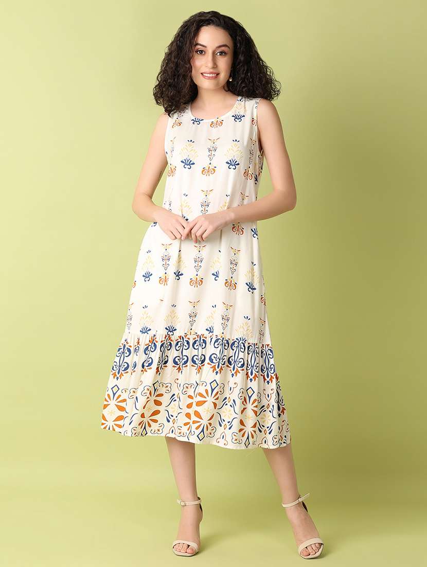 women off white printed flared ethnic dress
