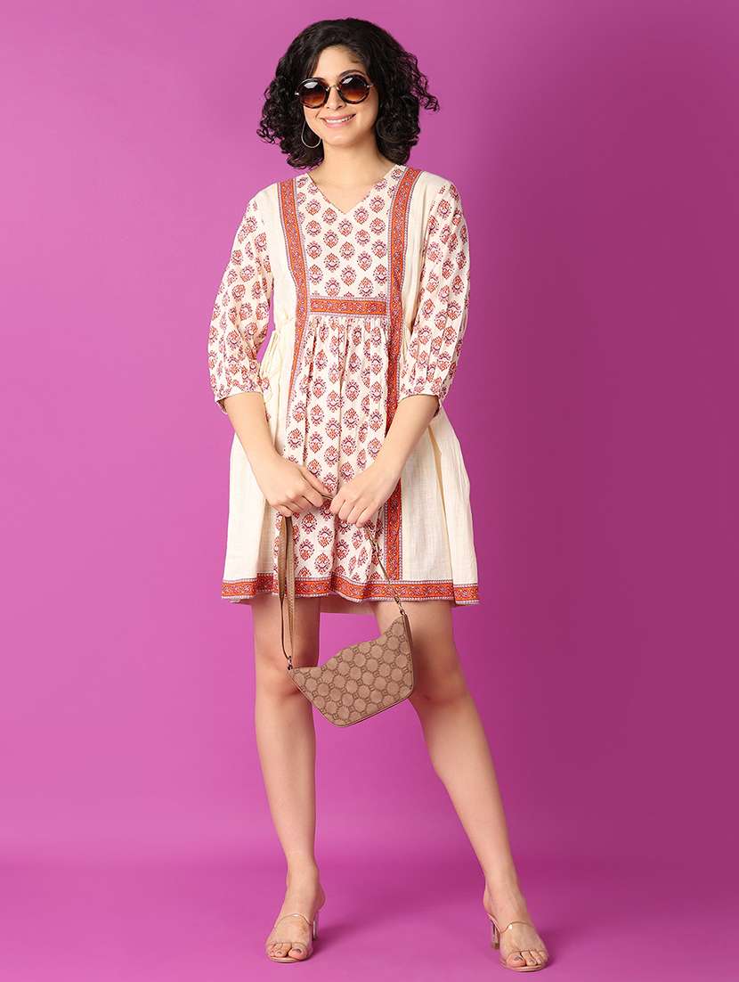 women peach printed flared ethnic dress