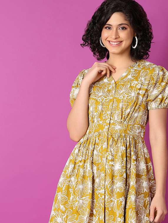 women mustard florals printed flared ethnic dress - 21464743 -  Standard Image - 4