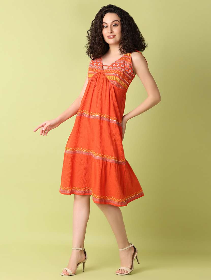women orange embroidered tiered ethnic dress - 21464746 -  Standard Image - 1