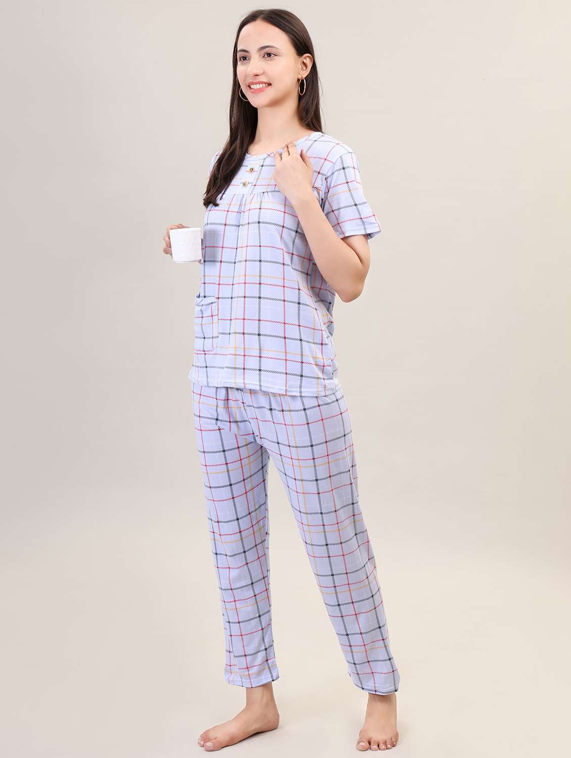 women short sleeve checks pyjama nightwear set - 21465516 -  Standard Image - 1