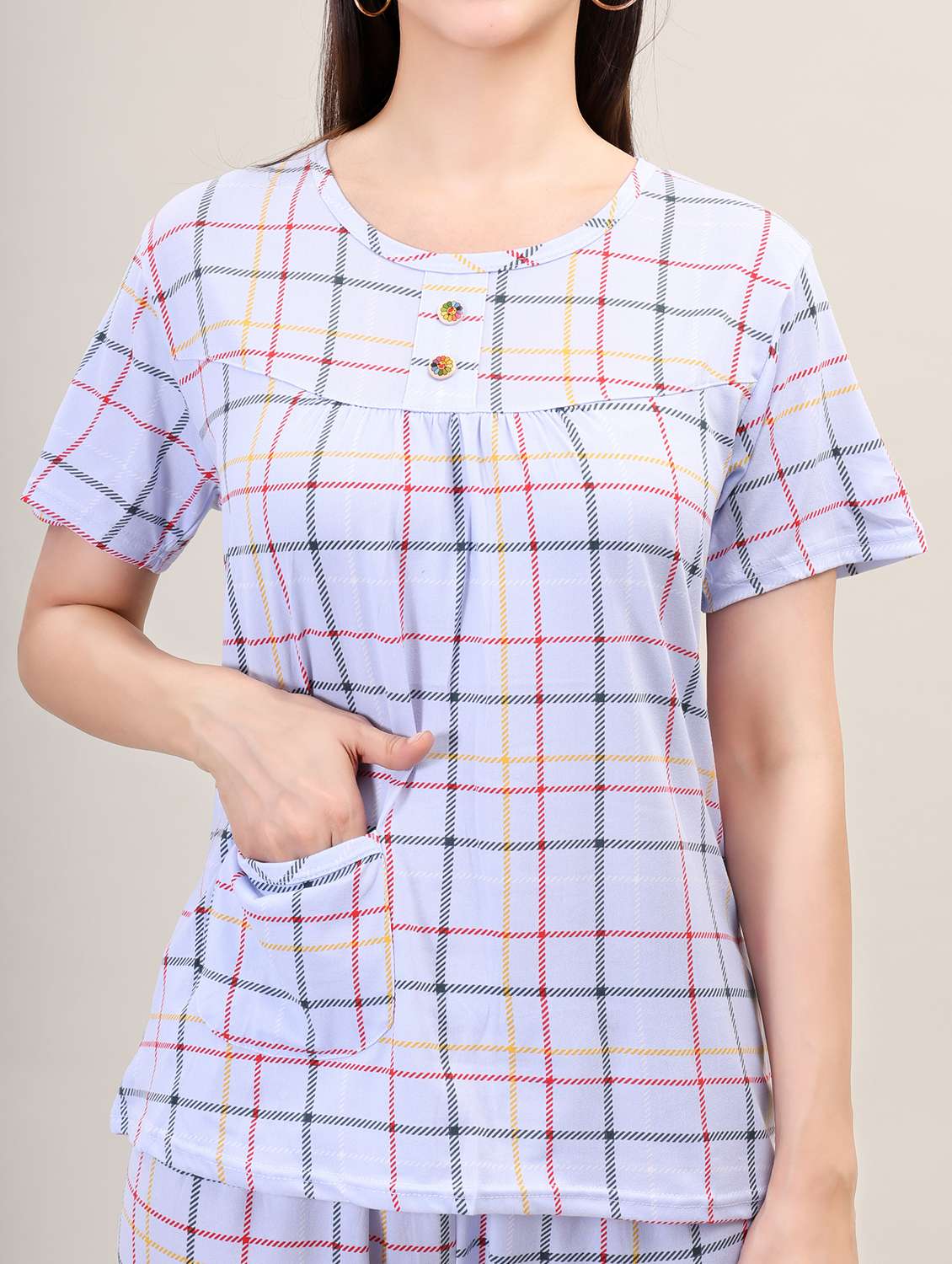 women short sleeve checks pyjama nightwear set - 21465516 -  Standard Image - 4