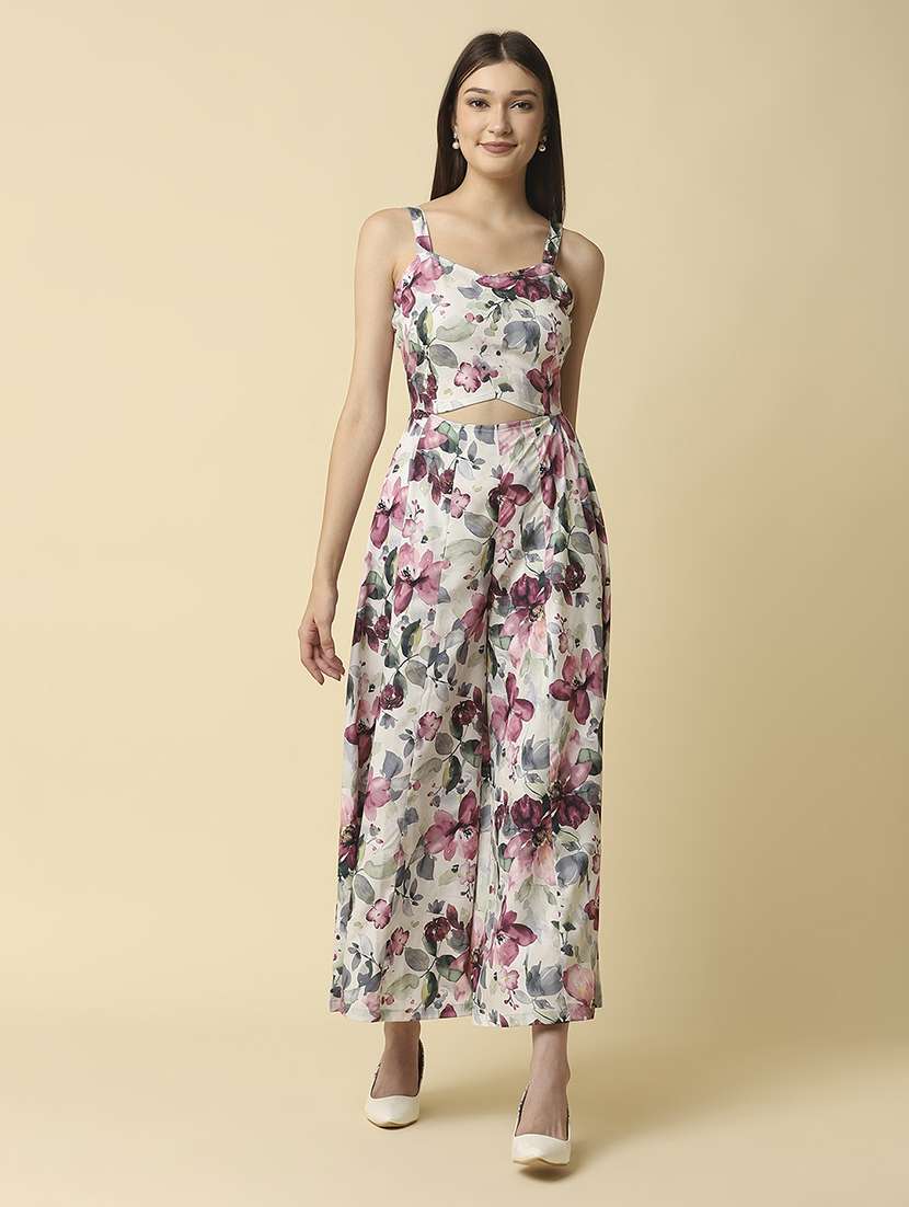 white floral printed full leg jumpsuit