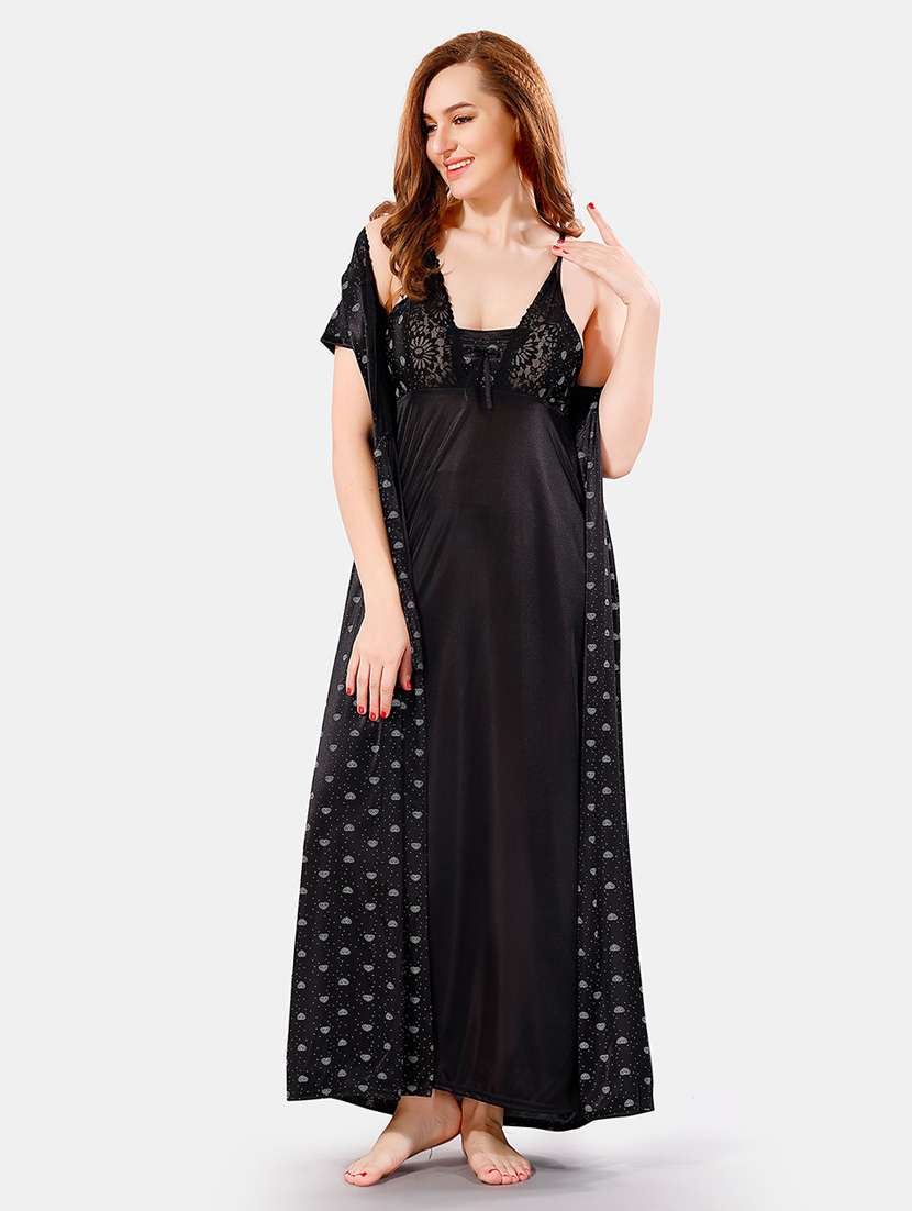 women printed nighty with robe - 21466484 - Standard Image - 1