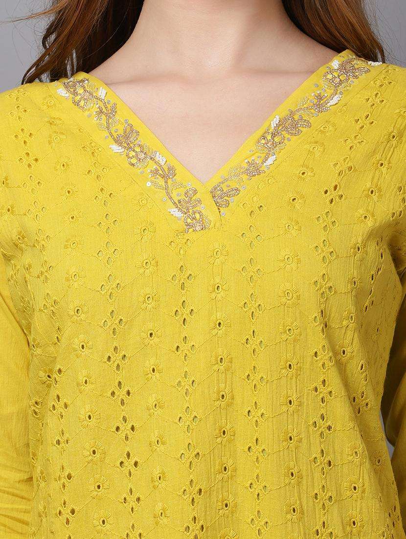 women mustard v neck schiffli straight kurta - 21467411 -  Standard Image - 1