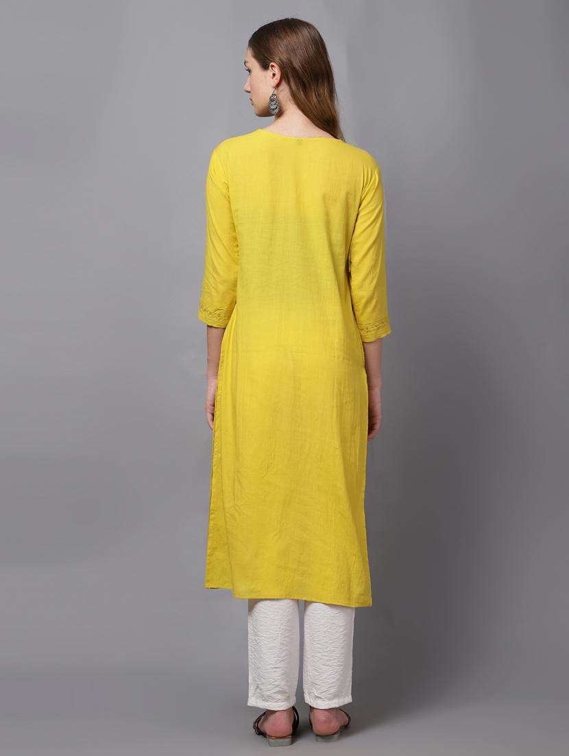 women mustard v neck schiffli straight kurta - 21467411 -  Standard Image - 4