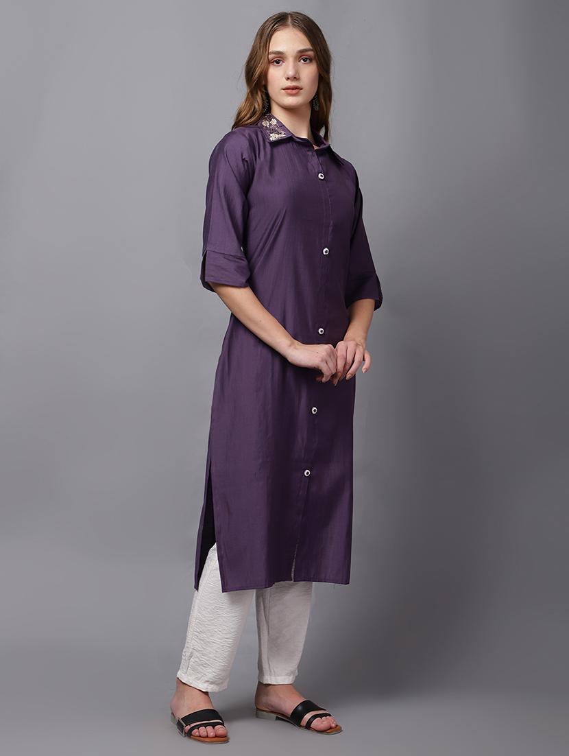 purple self-designed straight kurta - 21467412 -  Standard Image - 1