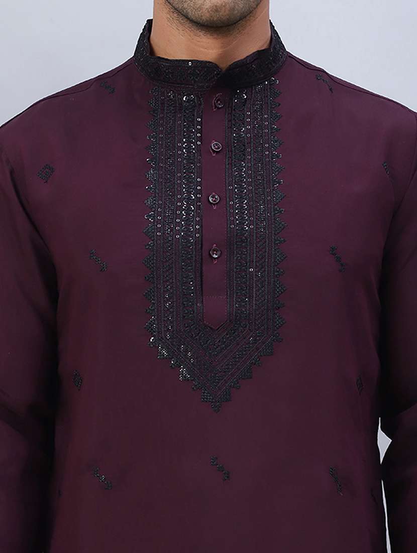 men solid with work mandarin neck long kurta - 21467714 -  Standard Image - 6