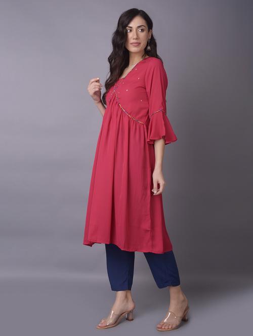 women v-neck embroidered flared kurta - 21468061 - Standard Image - 0