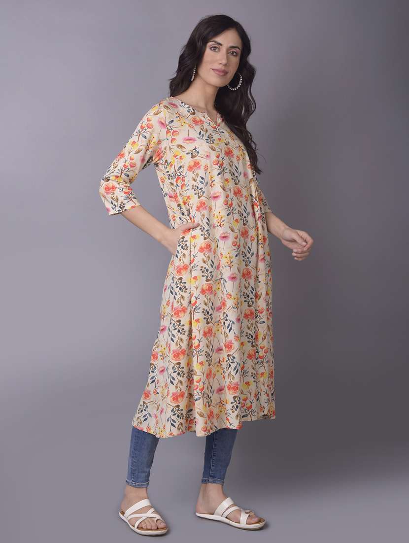 women beige floral printed a-line kurta - 21468070 -  Standard Image - 1