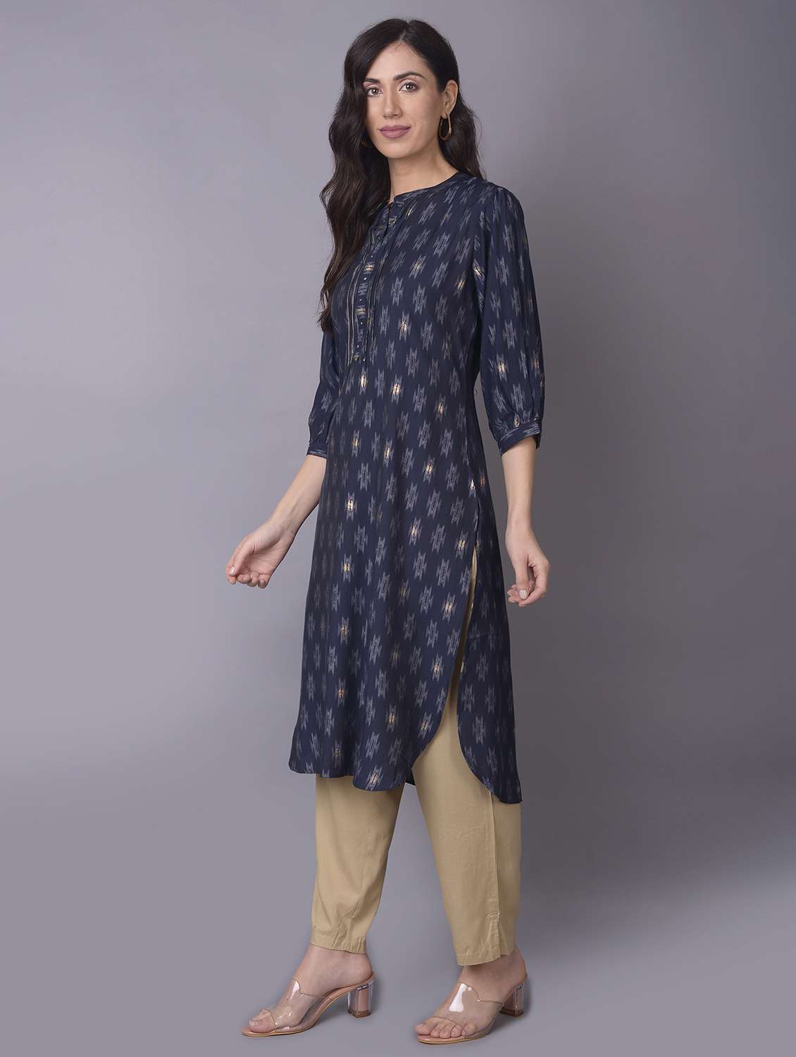 women navy blue bell sleeves flared kurta - 21468073 -  Standard Image - 1