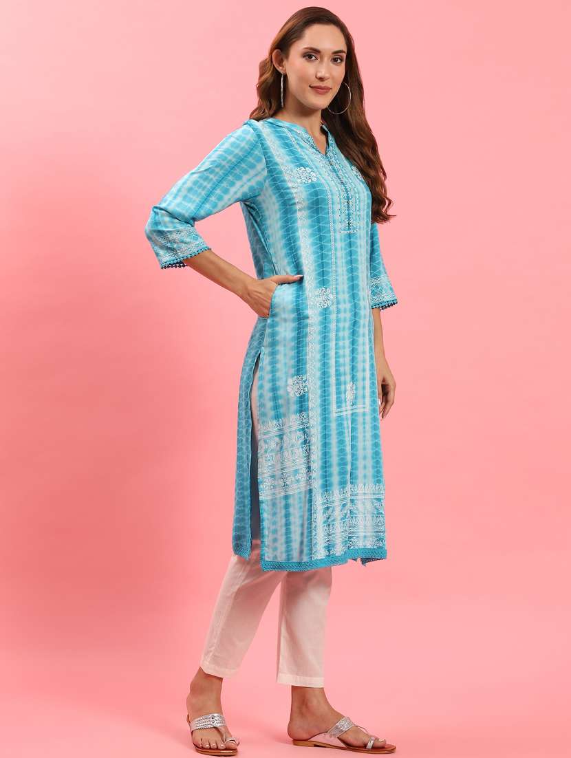 women light blue tie &dye straight kurta - 21468085 -  Standard Image - 1