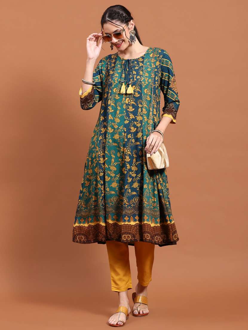 women teal green rayon a-line kurta - 21468122 -  Standard Image - 1
