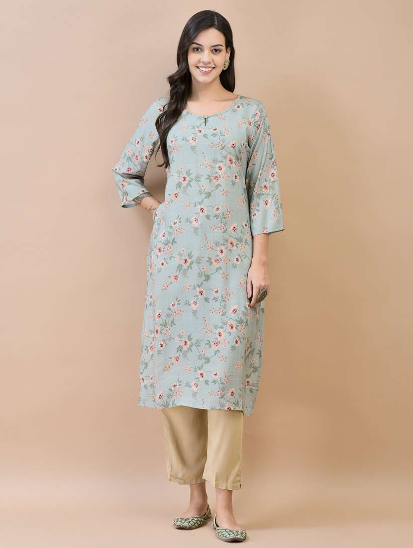 women sea green floral printed straight kurta