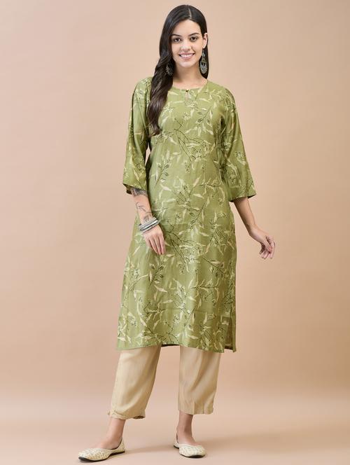 women olive printed straight kurta - 21468139 - Standard Image - 0
