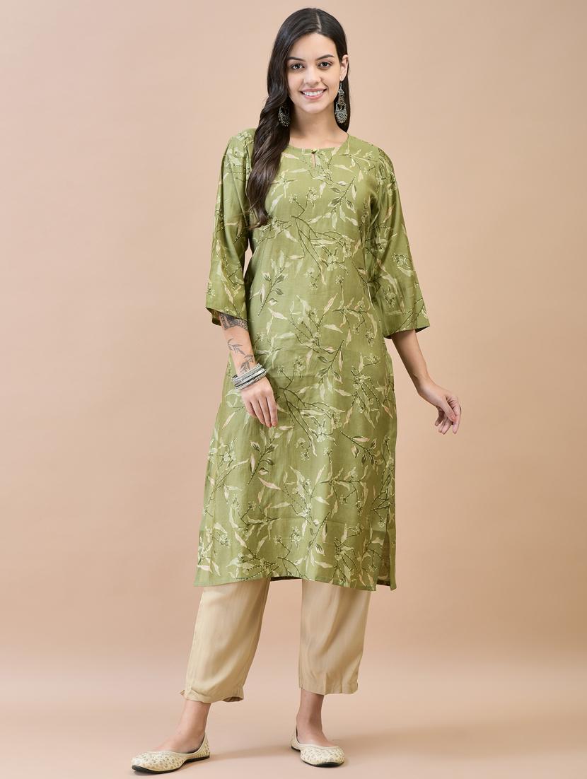 women olive printed straight kurta - 21468139 - Zoom Image - 0
