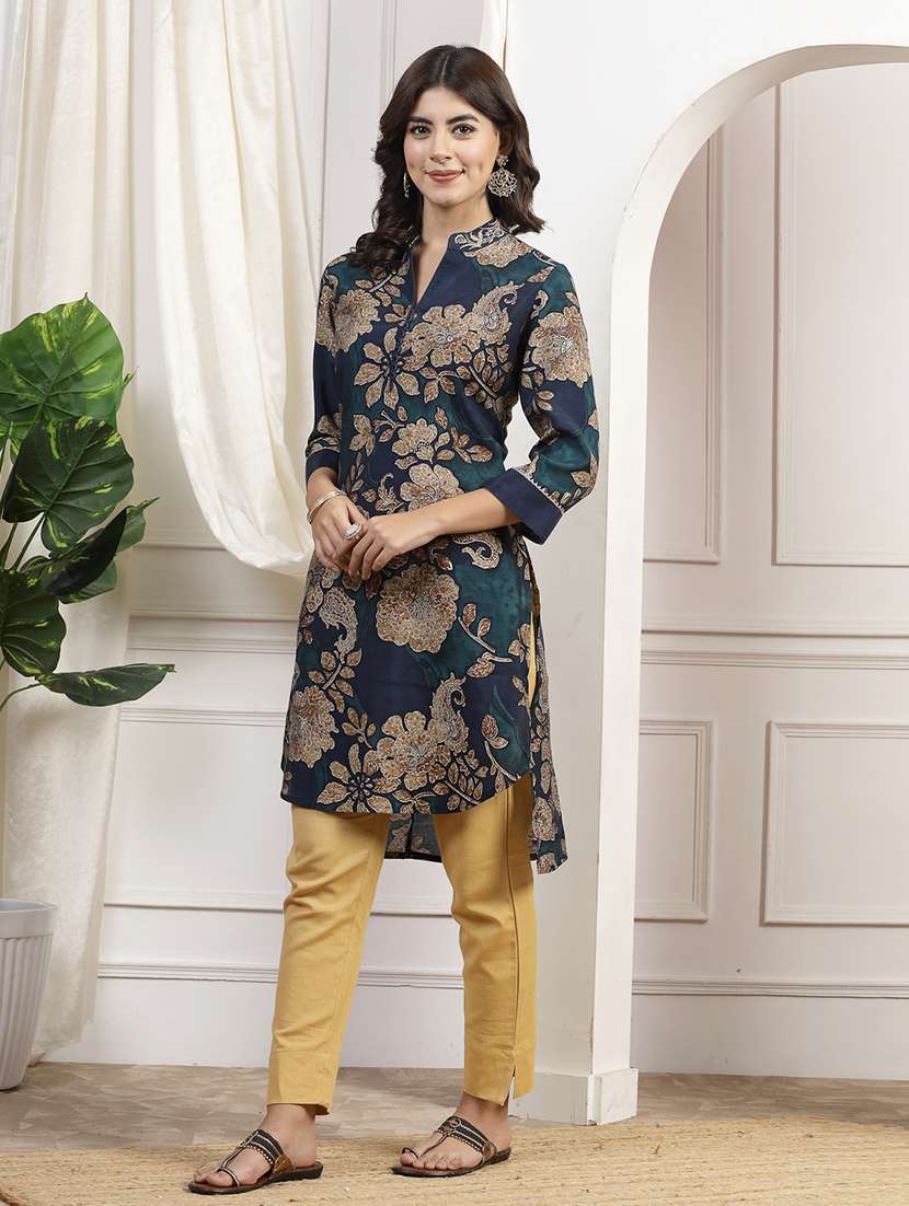 women navy blue chanderi high low kurta - 21468490 -  Standard Image - 1